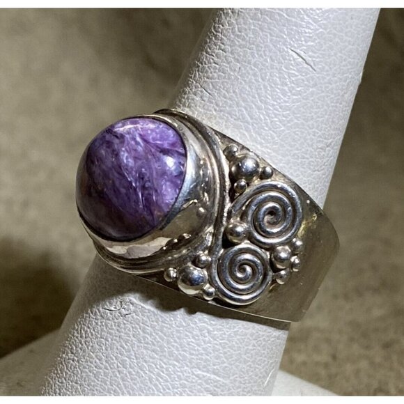 Sterling Silver & Charoite Oval Hi-Dome Stone Ring By Sajen Jewelry Bali Sz. 9 1 - Picture 6 of 10